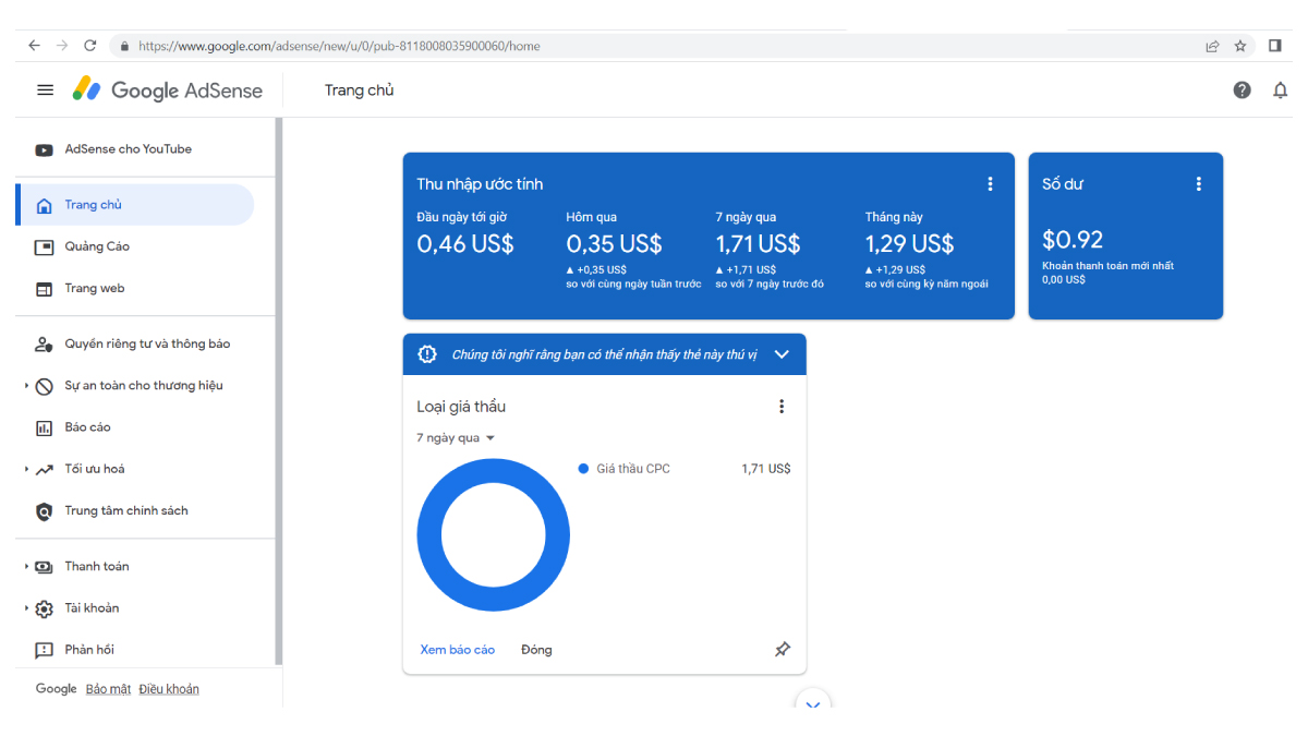 Kiểm tra thu nhập Youtube qua Google AdSense